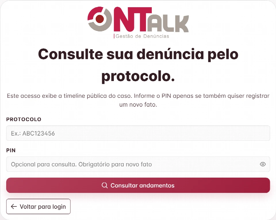 Tela de consulta de andamento do NTALK, sem protocolo preenchido