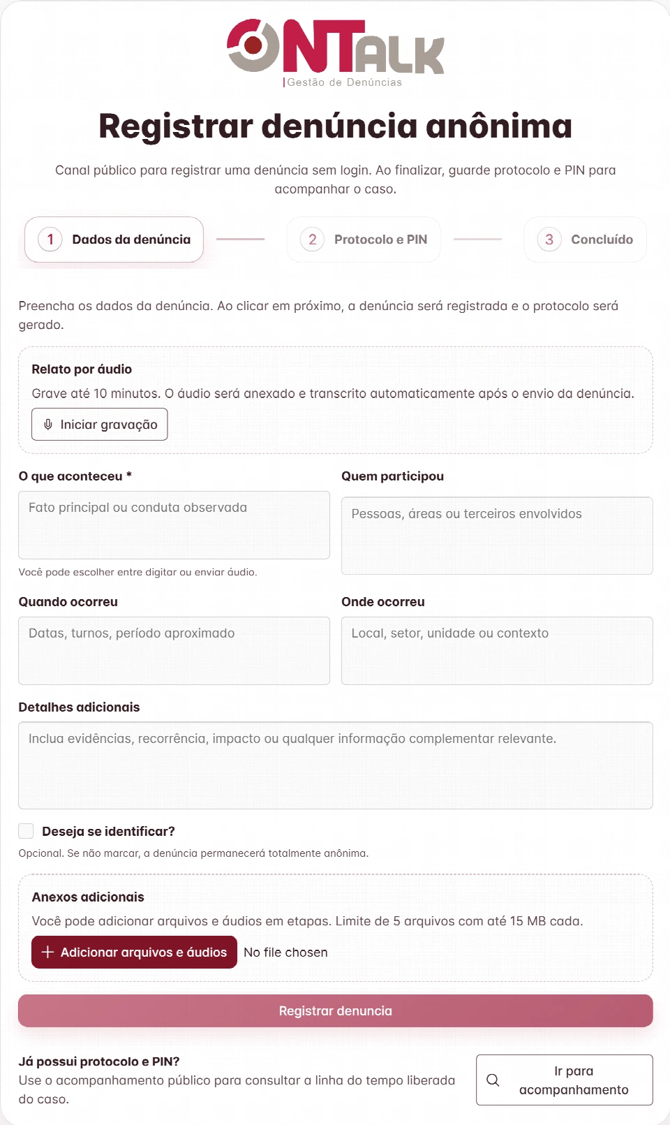 Formulário público de relato do NTALK, sem dados preenchidos